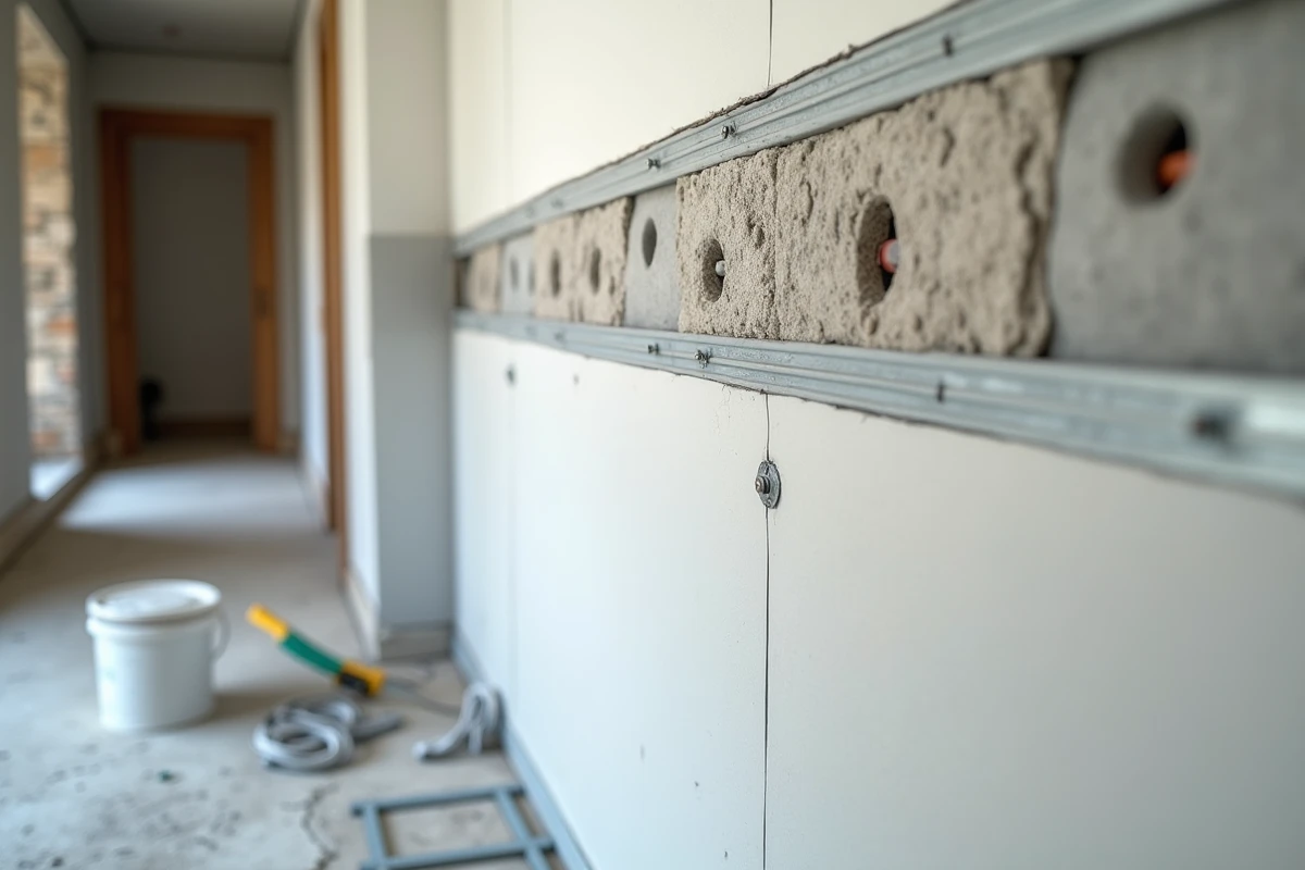 Détail de l'installation d'un doublage placo avec isolation thermique sur mur existant en rénovation