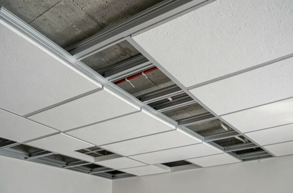 Vue rapprochée d'un faux plafond suspendu en cours d'installation avec grille aluminium et dalles acoustiques blanches