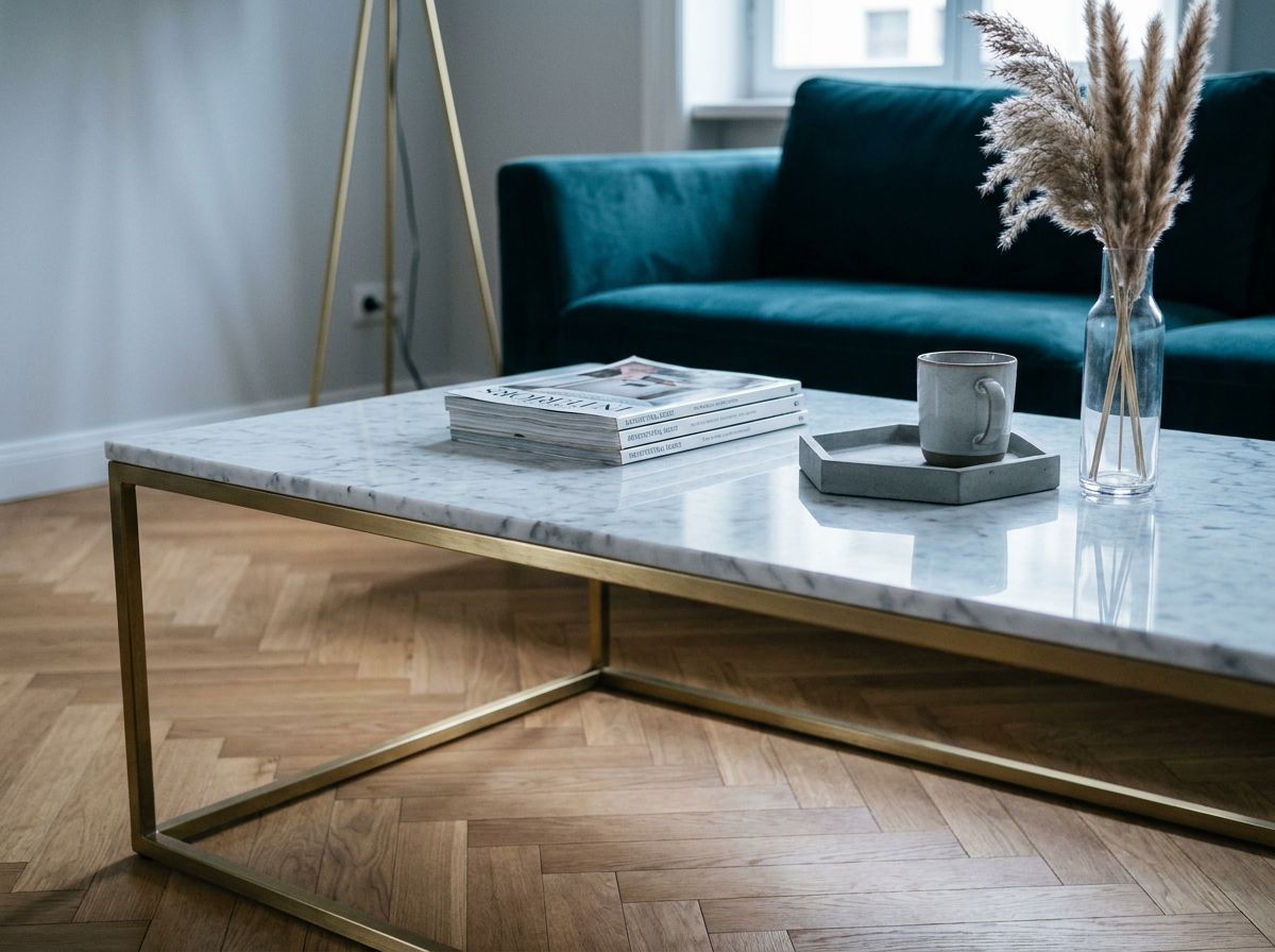 Détail d'une table basse en marbre et laiton avec accessoires décoratifs dans un appartement contemporain