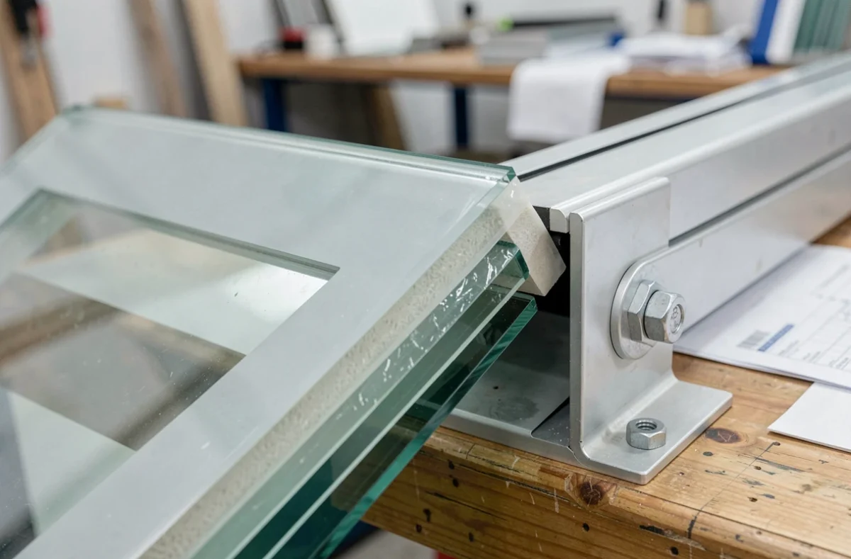 Gros plan sur la tranche d'une trappe en verre feuilleté montrant les couches de verre et l'intercalaire PVB ainsi que la quincaillerie de sécurité en acier