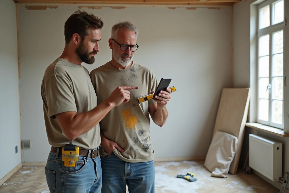 Deux bricoleurs consultant un blog de bricolage sur smartphone au milieu d'un chantier de rénovation intérieure