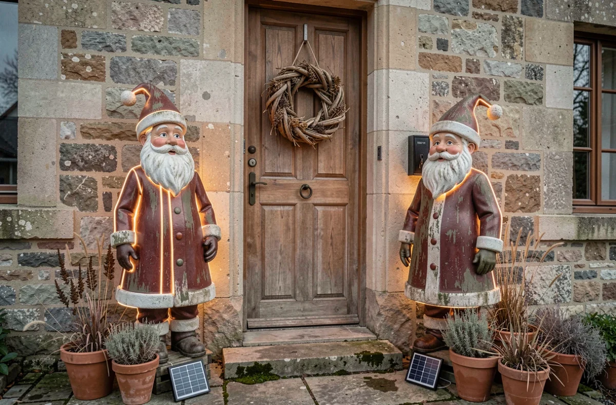 Deux pères Noël solaires encadrant la porte d'entrée d'une maison en pierre
