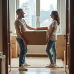 Deux personnes en jeans et t-shirts déménageant dans un appartement moderne