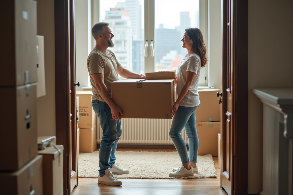 Deux personnes en jeans et t-shirts déménageant dans un appartement moderne