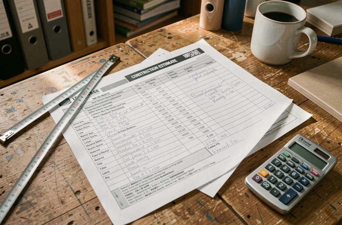 Devis détaillé de pose de carrelage avec prix au m2 et annotations manuscrites sur un bureau d'artisan