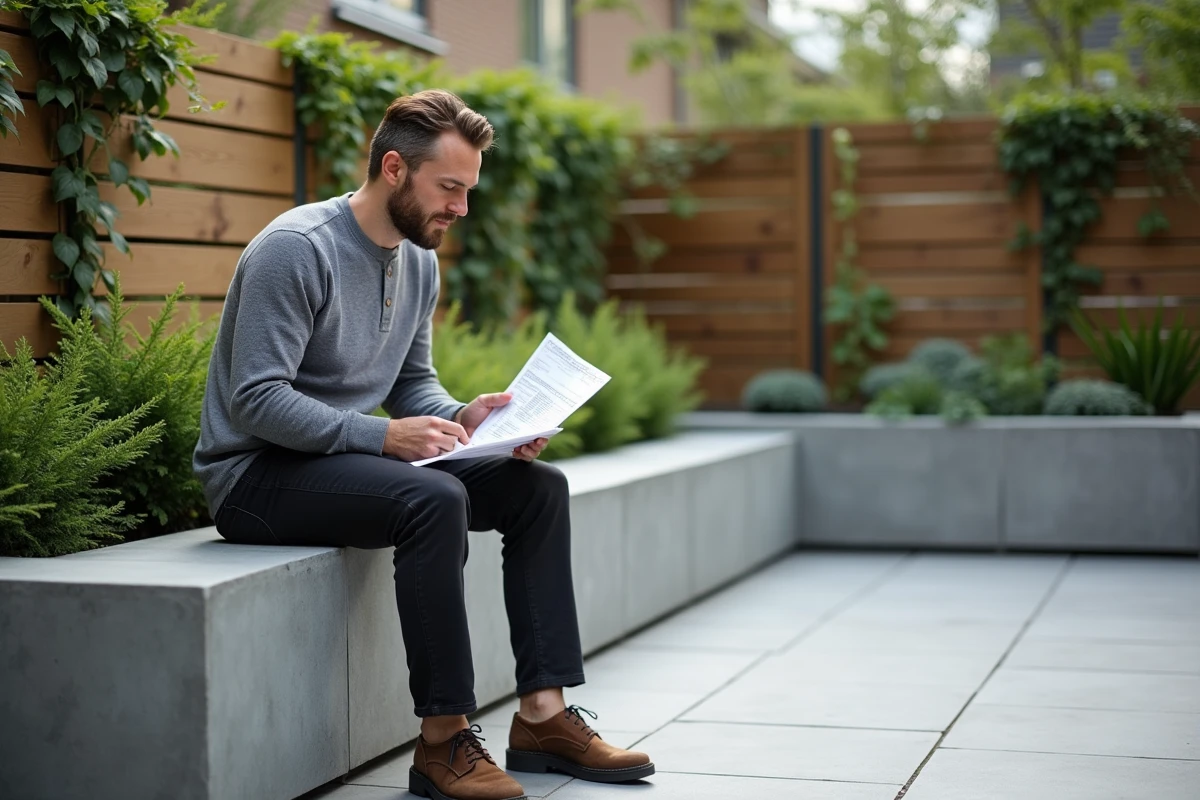 Homme consultant un devis de terrasse en béton assis dans un petit jardin urbain aménagé