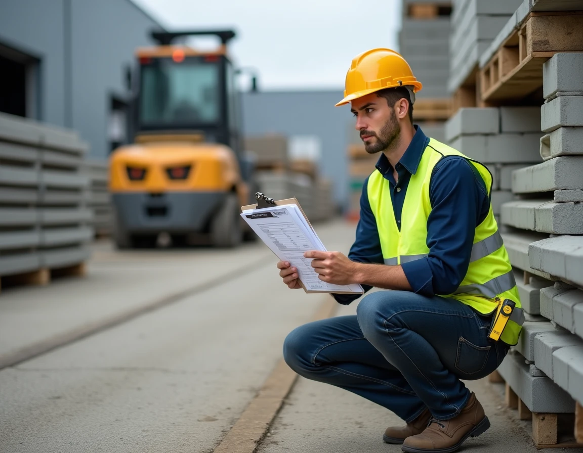 Chef de chantier consultant un devis de prix pour des poutrelles et hourdis dans un dépôt de matériaux