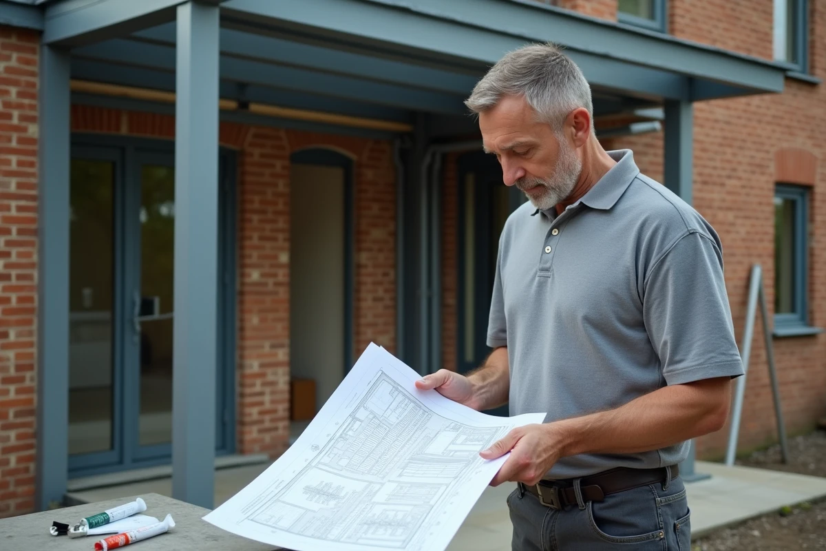 Artisan consultant un devis de véranda sur chantier avec ossature aluminium fixée sur maison en brique ancienne