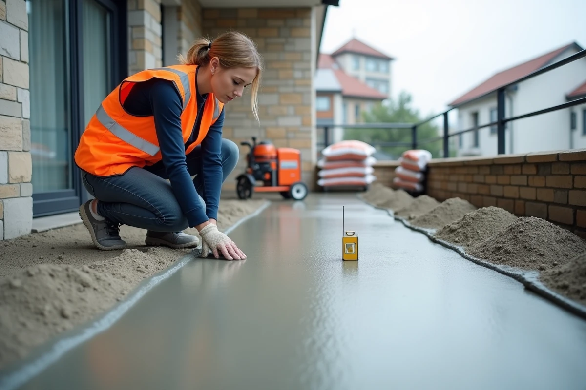 Femme appliquant une chape mortier extérieure sur une terrasse avec un niveau à bulle et un malaxeur électrique
