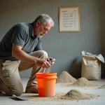 Maçon mesurant le dosage de ciment pour préparer une chape mortier intérieure dans une pièce en chantier