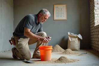 Maçon mesurant le dosage de ciment pour préparer une chape mortier intérieure dans une pièce en chantier