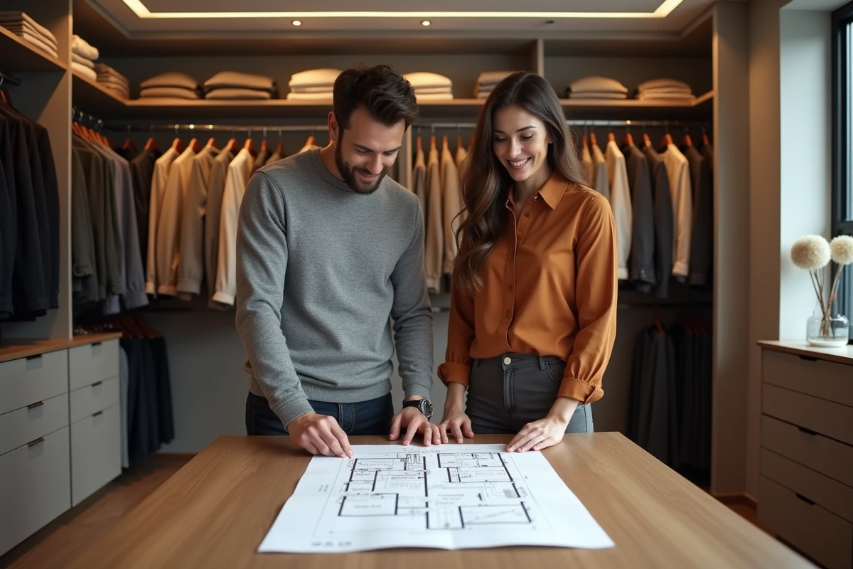 Couple planifiant l'aménagement d'un dressing partagé avec un plan écrit sur une îlot central