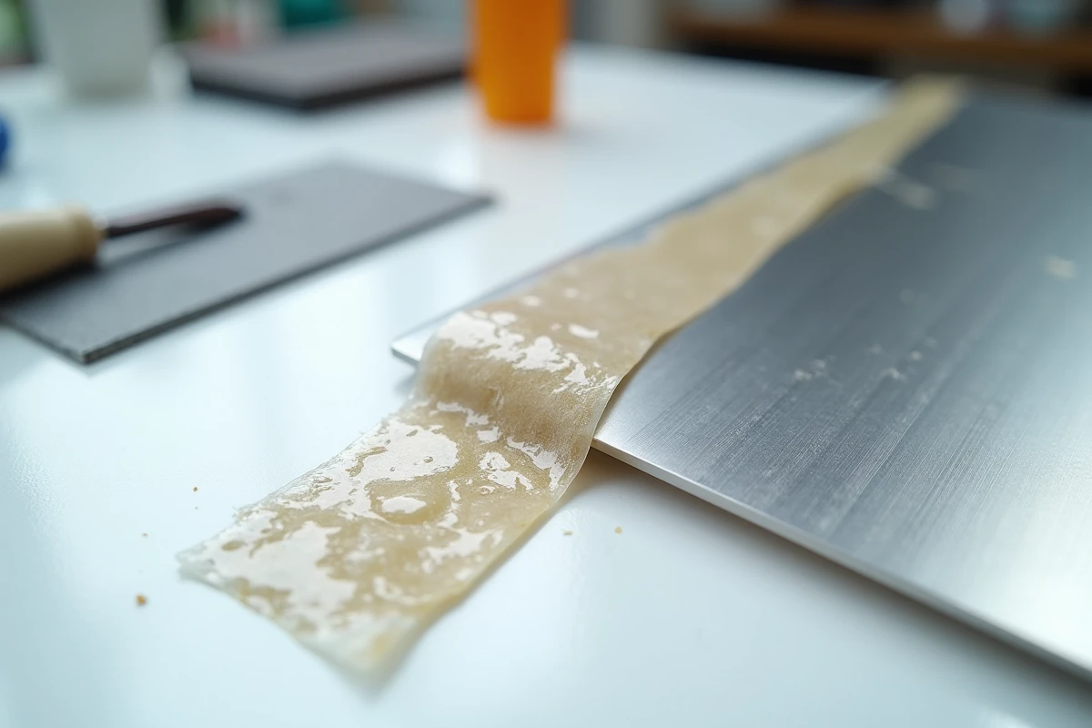 Gros plan d'un collage raté entre plastique et métal montrant un décollement avec bulles d'air et résidu de colle séchée
