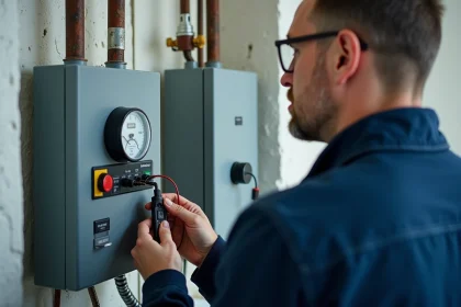 Électricien vérifiant un panneau électrique moderne