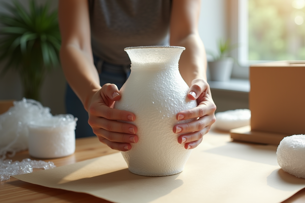 Mains enveloppant une porcelaine fragile avec du papier bulle
