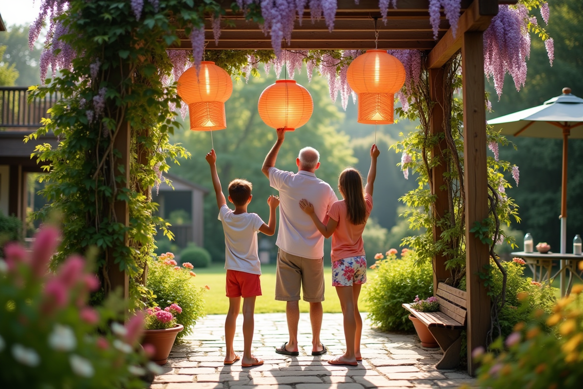 Enfants et grand-pere suspendant des lanternes en jardin