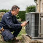 Technicien en train d'entretenir une pompe à chaleur extérieure sur une maison en Vendée