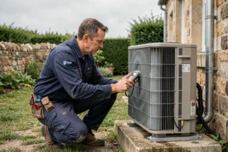 Technicien en train d'entretenir une pompe à chaleur extérieure sur une maison en Vendée