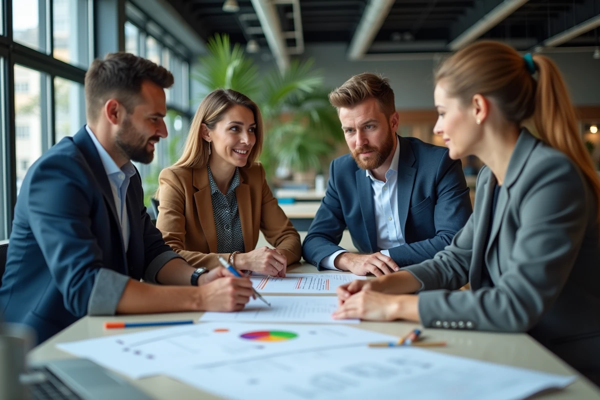 Equipe diverse en réunion agile dans un bureau moderne