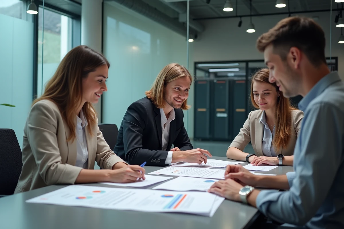 Groupe de professionnels discutant de graphiques de conformité