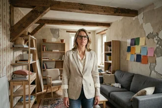 Designer d'intérieur frustrée dans un appartement strasbourgeois mal aménagé avec des erreurs de décoration visibles