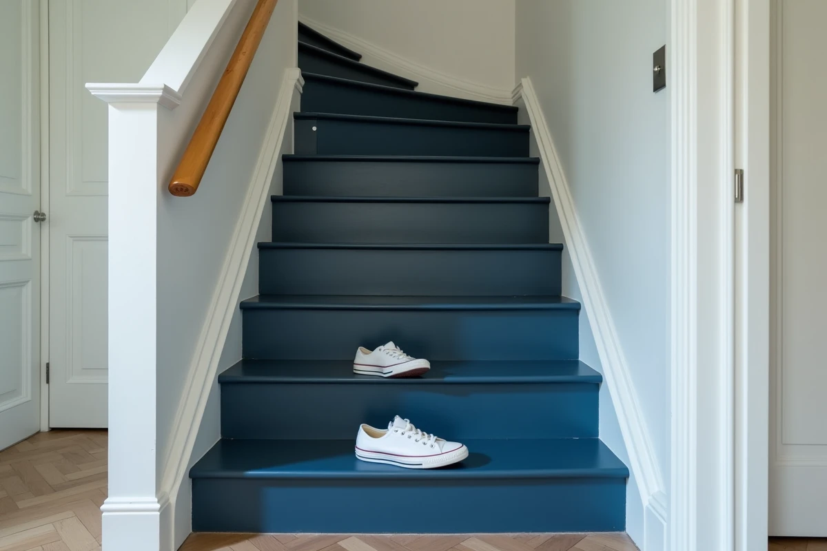 Escalier en bois entièrement peint en bleu marine sans ponçage avec rendu chic et élégant