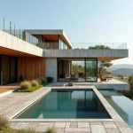 Façade d'une villa moderne avec piscine à débordement, murs en béton brut et bardage bois, architecture contemporaine