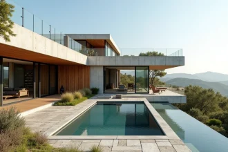 Façade d'une villa moderne avec piscine à débordement, murs en béton brut et bardage bois, architecture contemporaine