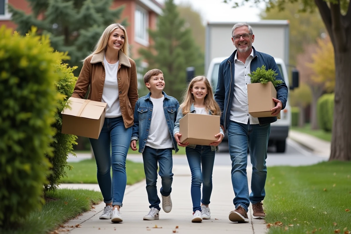 Famille marchant avec des cartons dans une rue résidentielle