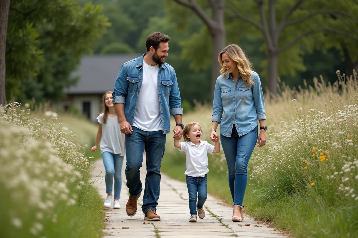 Famille Gaines se promenant dans un jardin verdoyant en famille