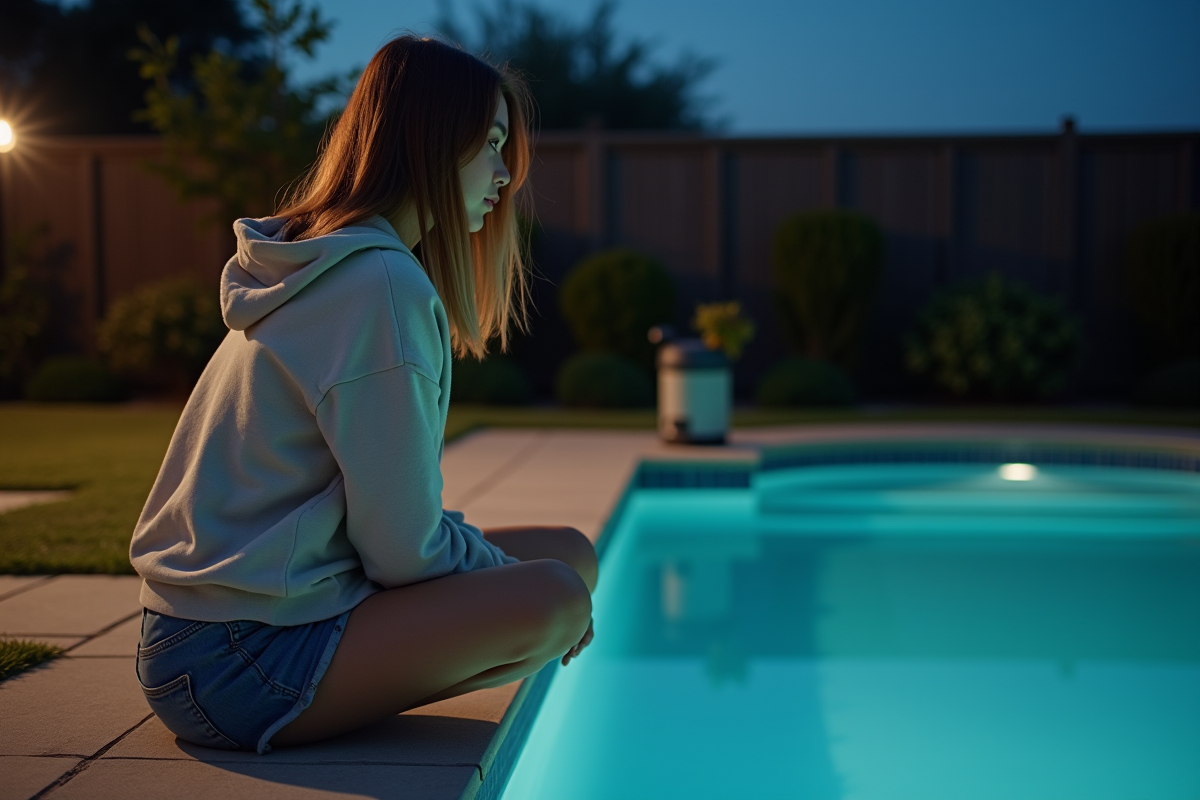 Jeune femme regardant la piscine la nuit