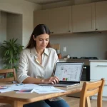 Femme consultant un outil de budget rénovation sur ordinateur portable dans une cuisine en cours de travaux avant-après