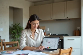 Femme consultant un outil de budget rénovation sur ordinateur portable dans une cuisine en cours de travaux avant-après