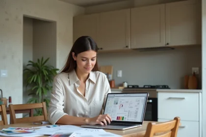 Femme consultant un outil de budget rénovation sur ordinateur portable dans une cuisine en cours de travaux avant-après