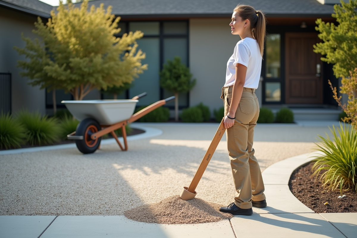 Jeune femme choisit un gravier pour la allée devant sa maison moderne