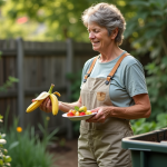 Femme d'âge moyen examinant des déchets de fruits pour compost