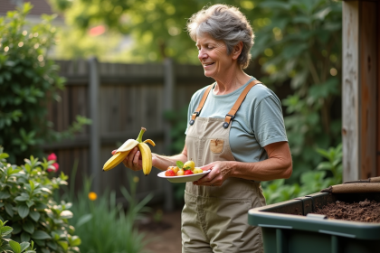 Femme d'âge moyen examinant des déchets de fruits pour compost