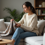 Femme arrangeant une couverture en laine dans un salon moderne