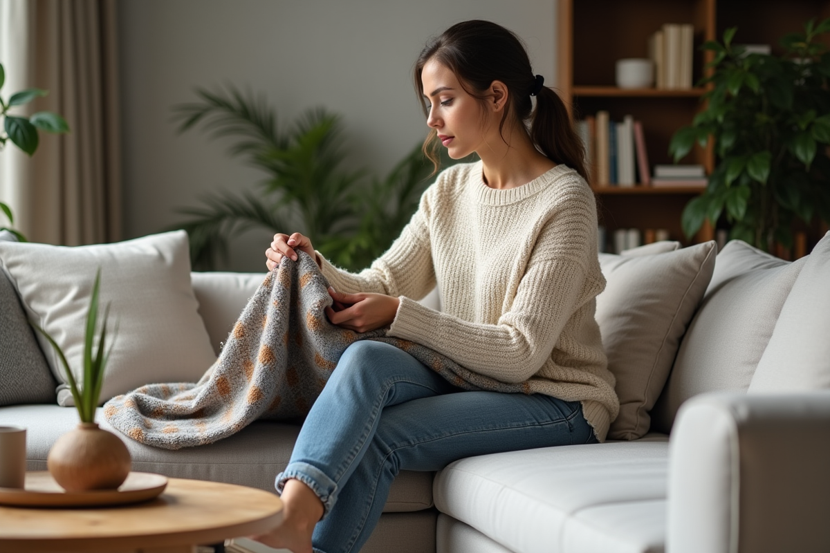 Femme arrangeant une couverture en laine dans un salon moderne