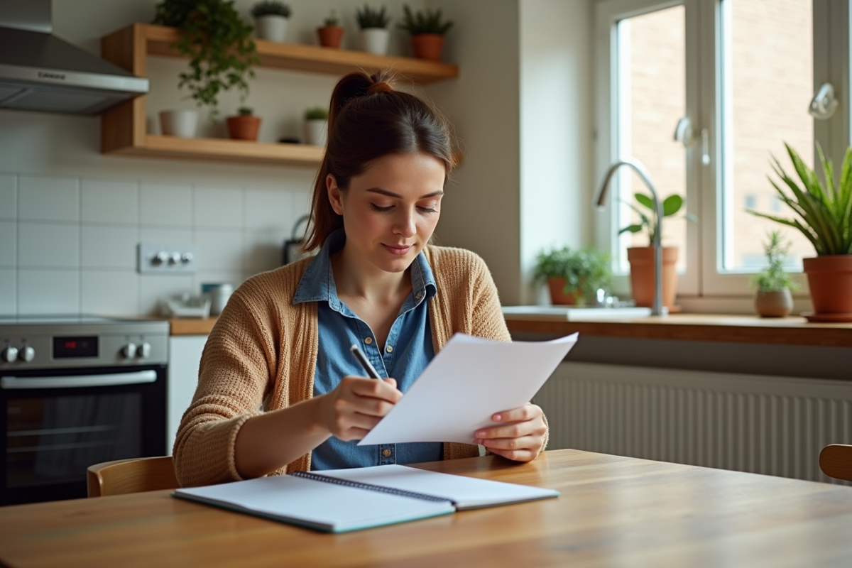 Femme dans la trentaine examinant une facture dans une cuisine ensoleillée