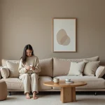 Jeune femme assise sur un canapé beige dans un salon cosy