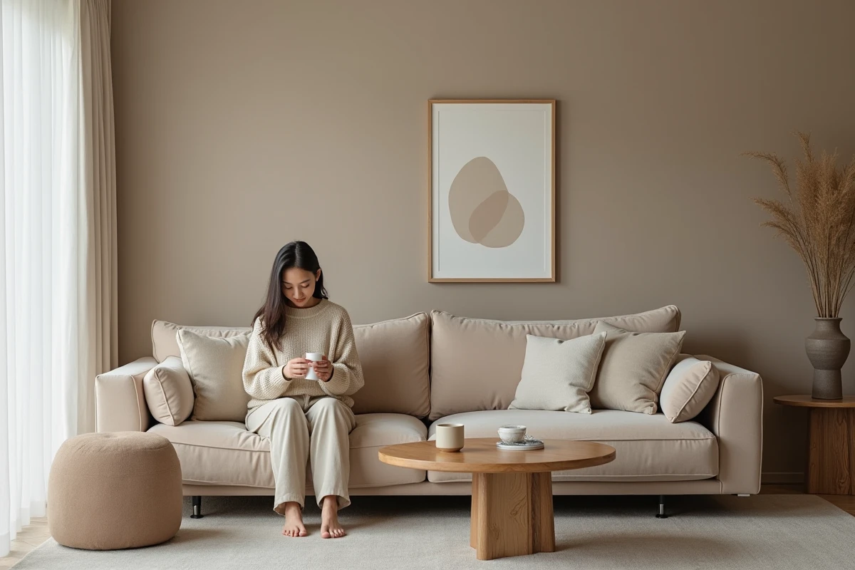 Jeune femme assise sur un canapé beige dans un salon cosy
