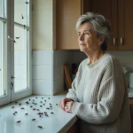 Femme pensant dans sa cuisine avec des mouches sur le rebord