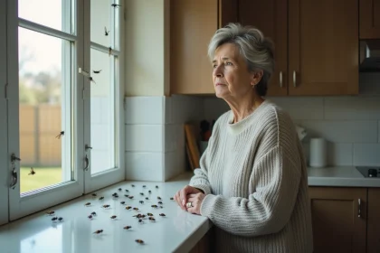 Femme pensant dans sa cuisine avec des mouches sur le rebord