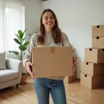 Femme souriante déballant une boîte dans un salon lumineux