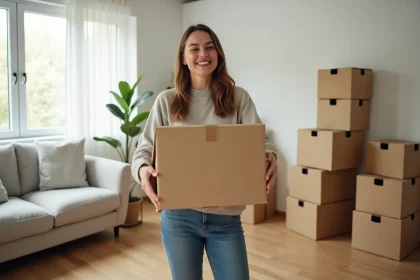 Femme souriante déballant une boîte dans un salon lumineux