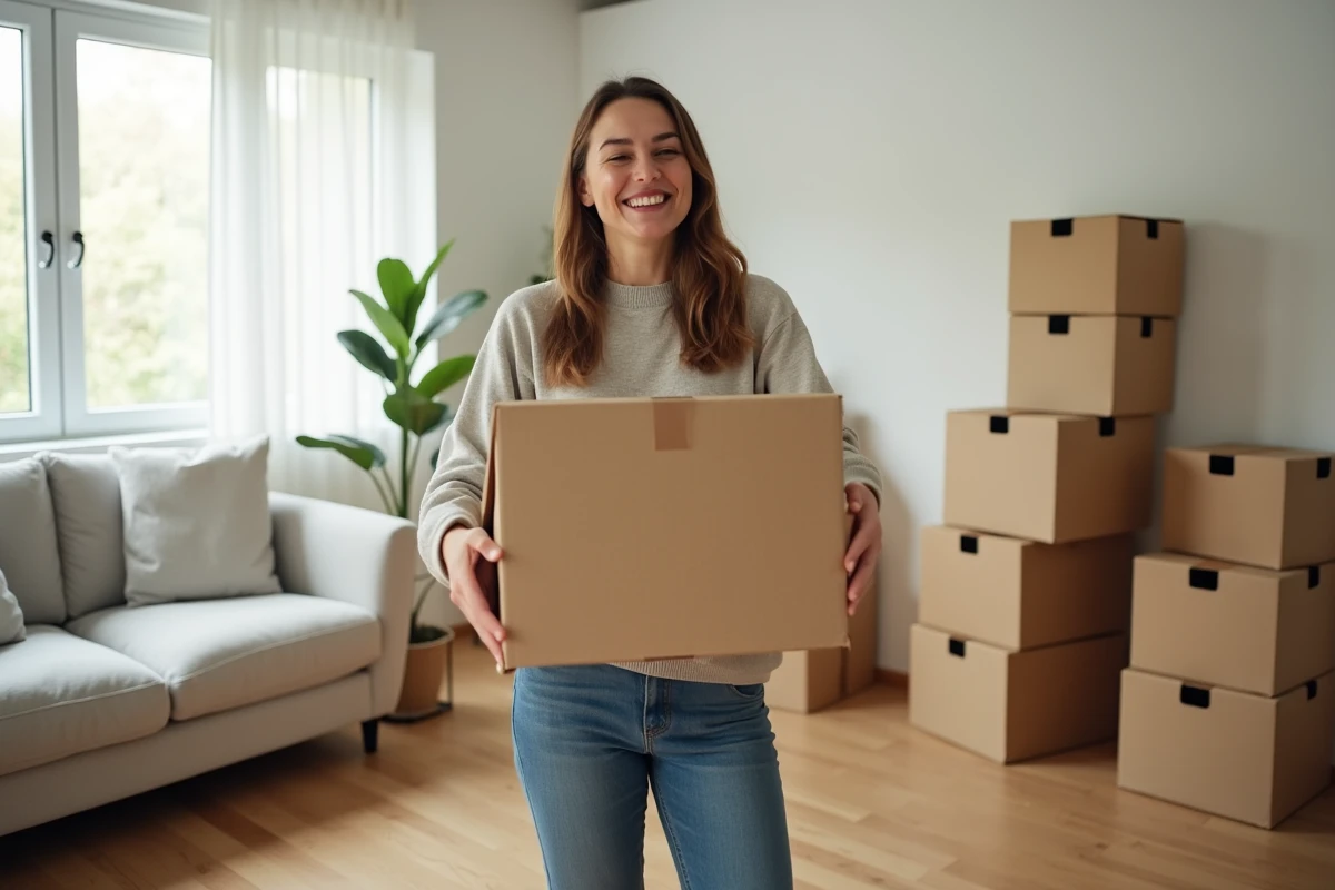 Femme souriante déballant une boîte dans un salon lumineux