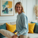 Femme souriante arrangeant des coussins colorés dans un salon moderne
