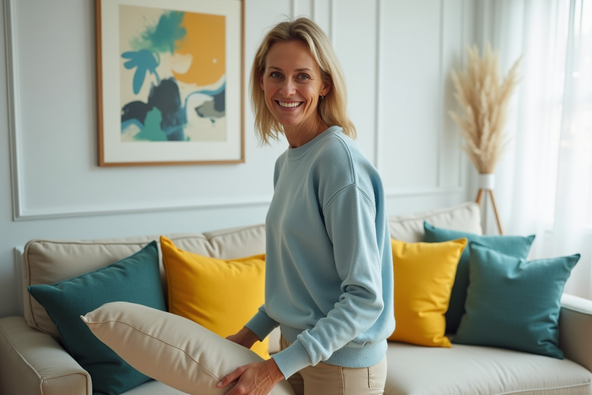 Femme souriante arrangeant des coussins colorés dans un salon moderne