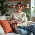 Femme arrangeant des coussins colorés dans un salon lumineux